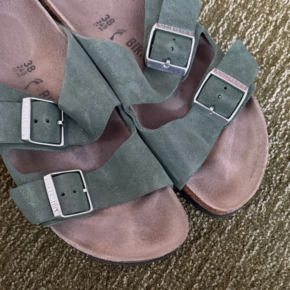 Birkenstock Arizona Suede Double Buckle Sandals in Sage Green - Picture 2 of 6